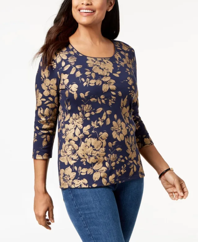 Karen Scott Petite Cotton Metallic Printed T-Shirt