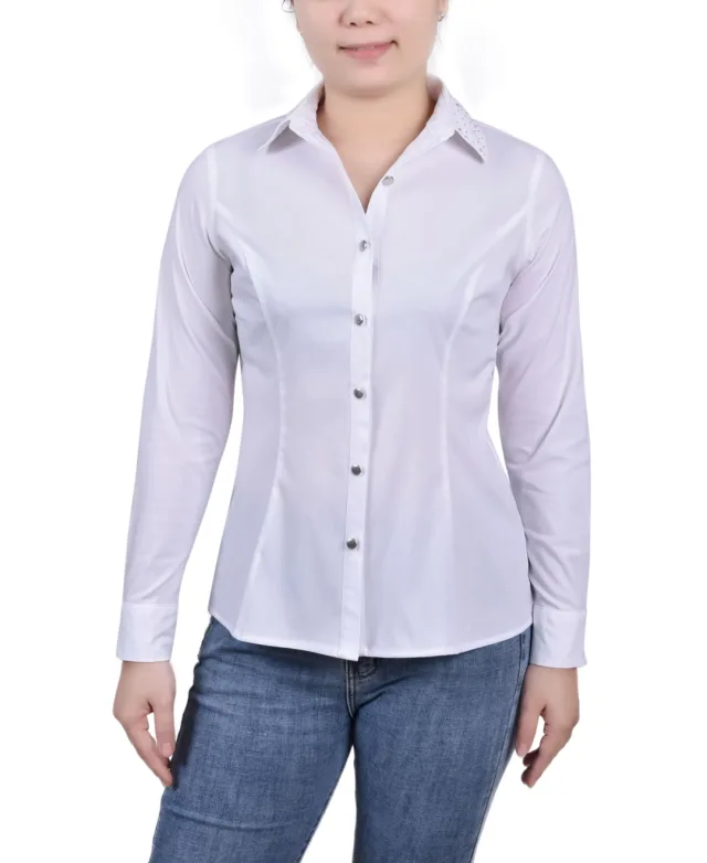 NY Collection Petite Long Sleeve Button Front Blouse