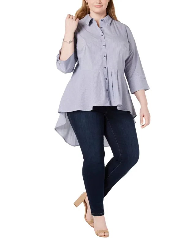 Plus Size Cotton Pleated High-Low Blouse
