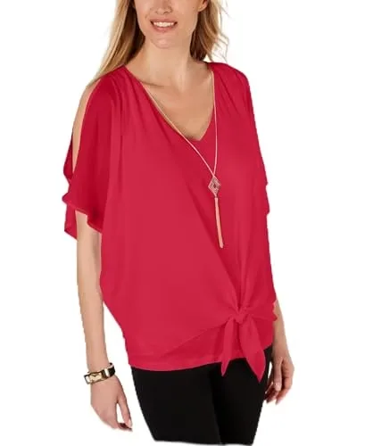 JM Collection Tie Front Necklace Blouse