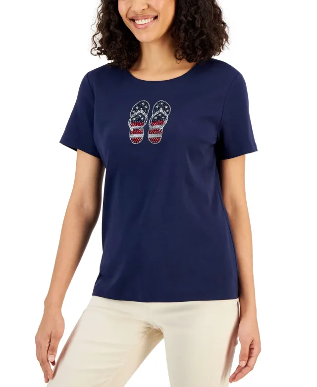 Karen Scott Petite Embellished Flip Flop T-Shirt