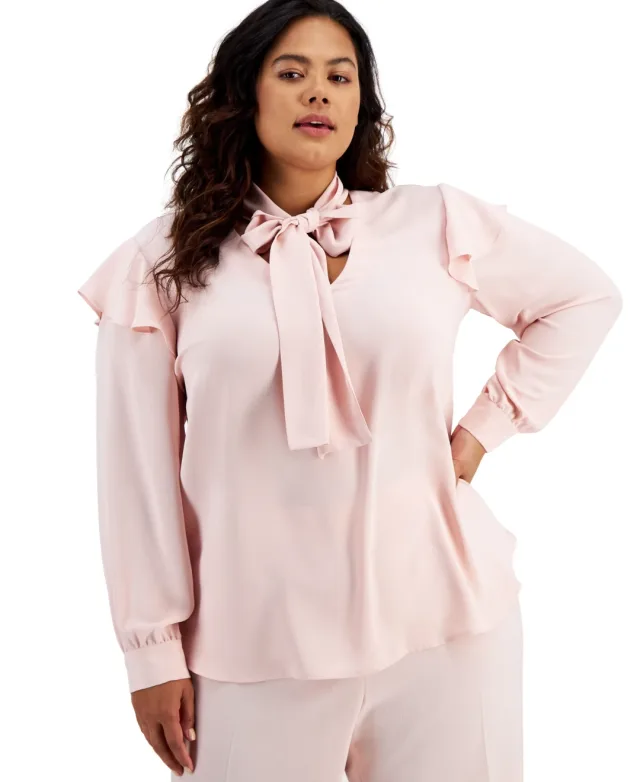 Bar III Plus Size Long Sleeve Tie Neck Blouse With Ruffle Shoulder