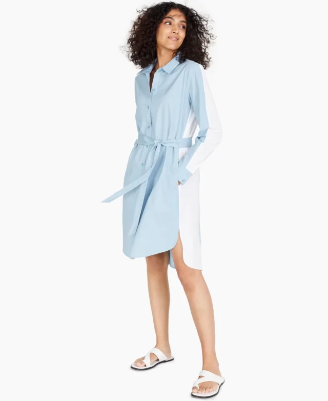 Alfani Petite Colorblocked Tie Waist Button Down Shirtdress