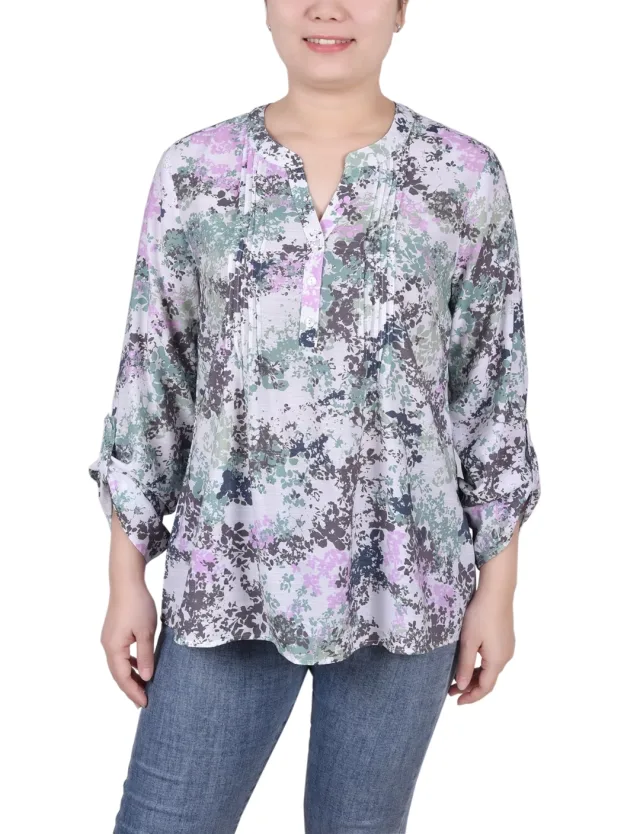 Petite Long Roll Tab Sleeve Pintuck Front Blouse