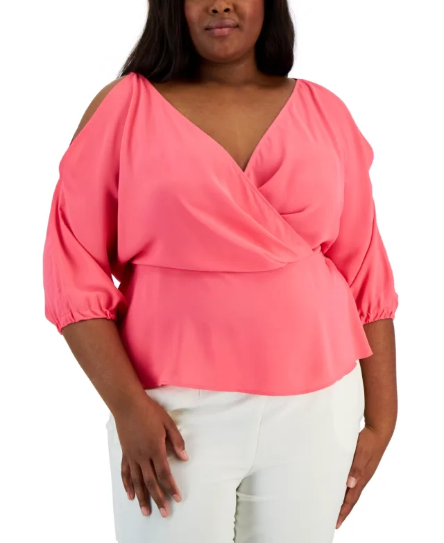 Plus Size Cold-Shoulder Crossover Peplum Blouse