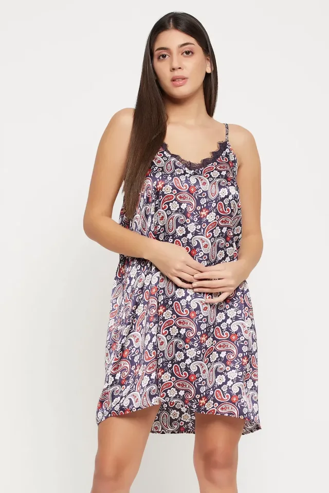 Lingerie: Paisley Print Short Nighty & Robe — 2 Pc Set (Navy)