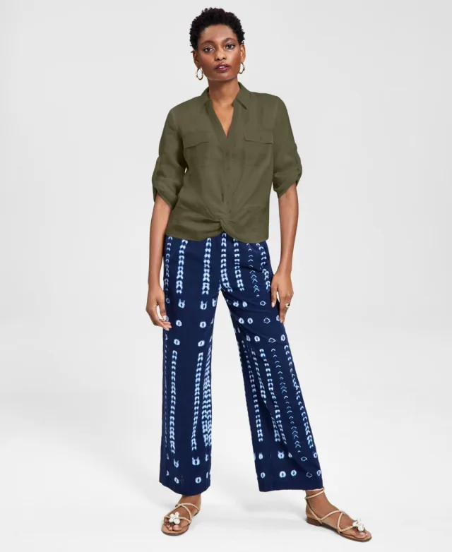 INC International Concepts Petite Linen Twist Hem Shirt