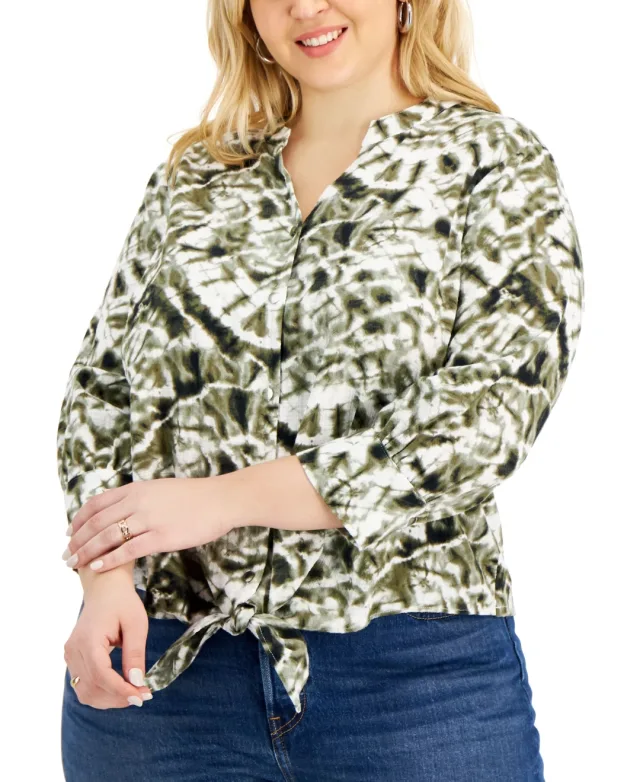 INC International Concepts Plus Size Printed Tie Front Button Down Blouse