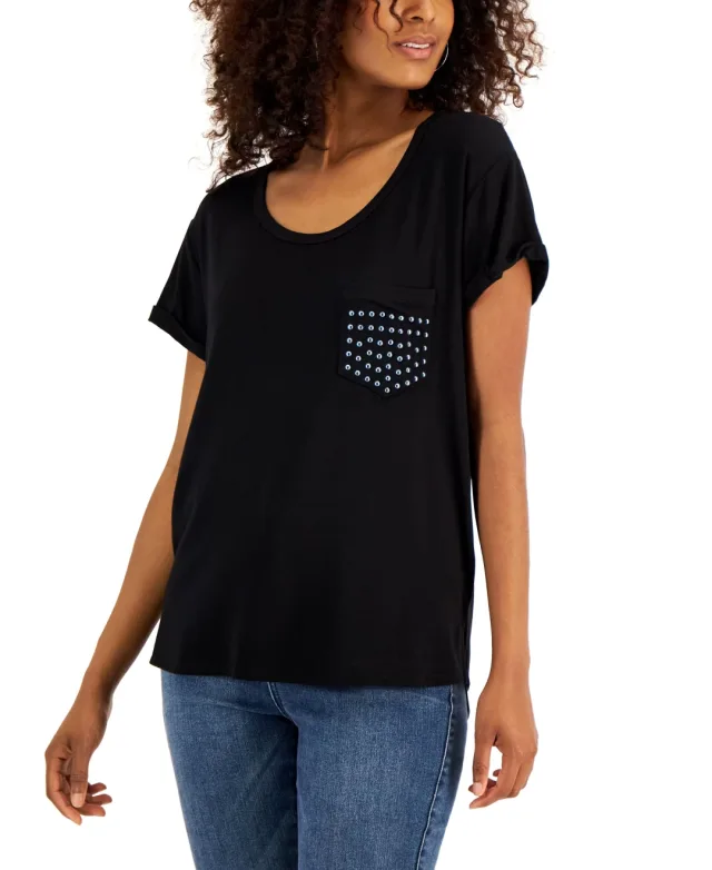 INC International Concept Women's Embellished-Pocket T-Shirt