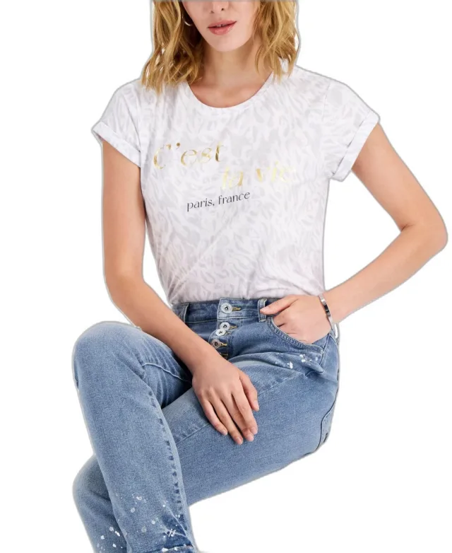 INC International Concepts Womens Printed Rolled Cuff Graphic T-Shirt