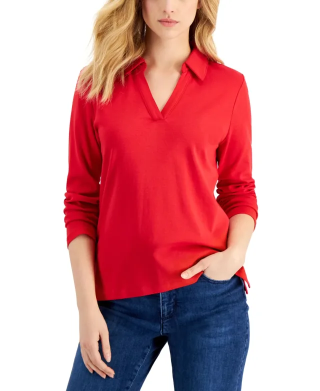 Charter Club Womens Cotton Johnny Collar T-Shirt