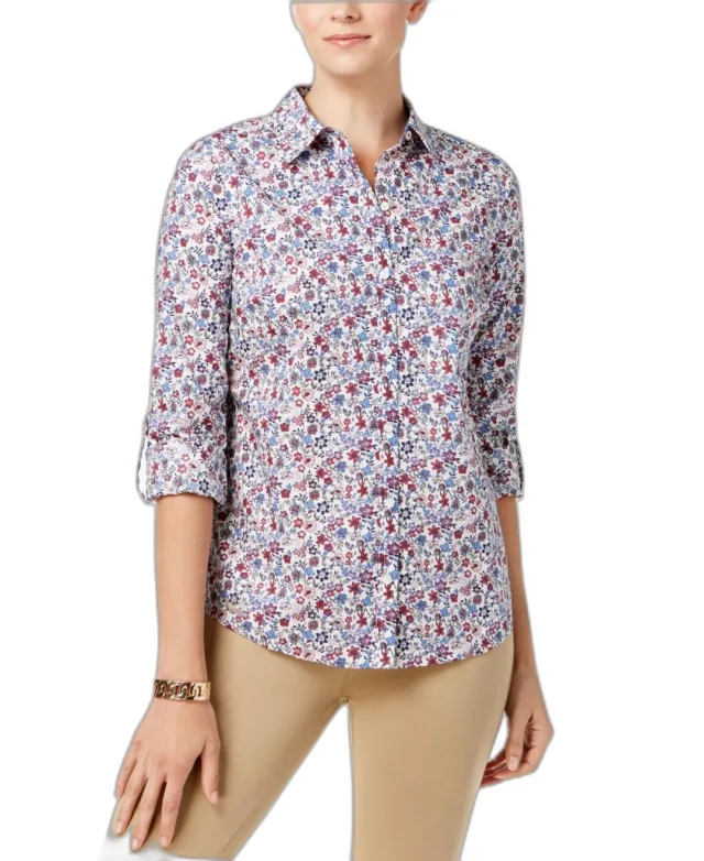 Charter Club Roll Tab Print Shirt