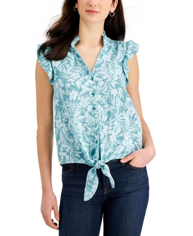 Charter Club Womens Printed Tie Hem Blouse