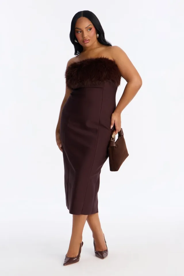 Malika Fur Trim Bandage Midi Dress - Chocolate