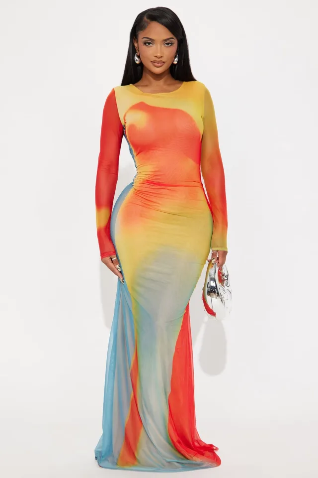 Heated Abstract Maxi Dress - Red/combo