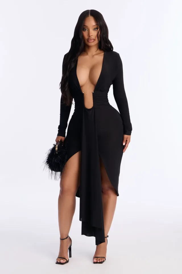 Zina Deep V Draped Midi Dress - Black