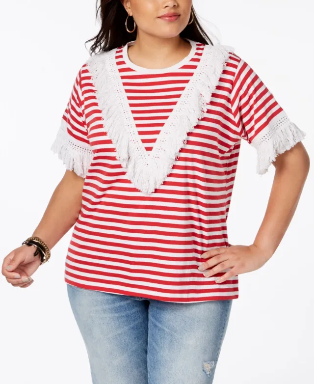 Say What Trendy Plus Size Cotton Fringe Trim T-Shirt