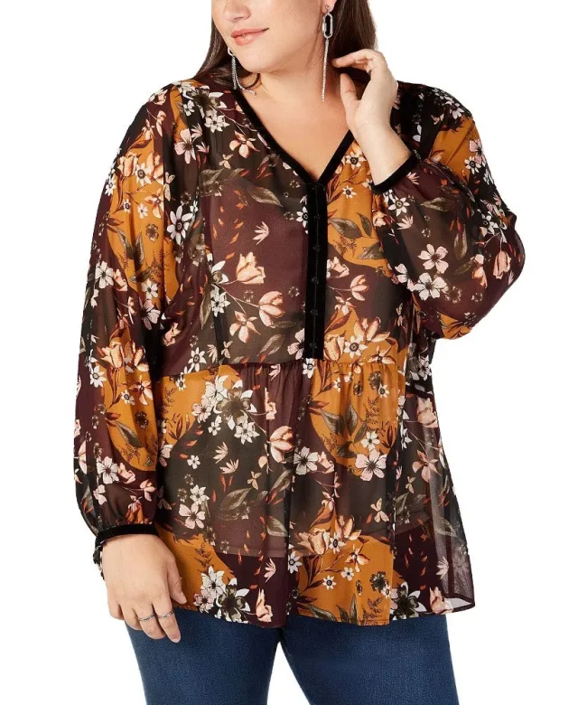 Plus Size Printed Sheer Blouse