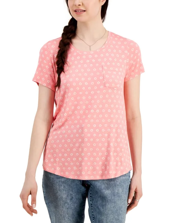 Style & Co Womens Printed Drapey Pocket T-Shirt