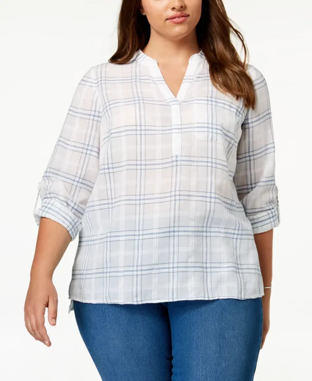 Style & Co Plus Size Cotton Windowpane Plaid Split Neck Shirt