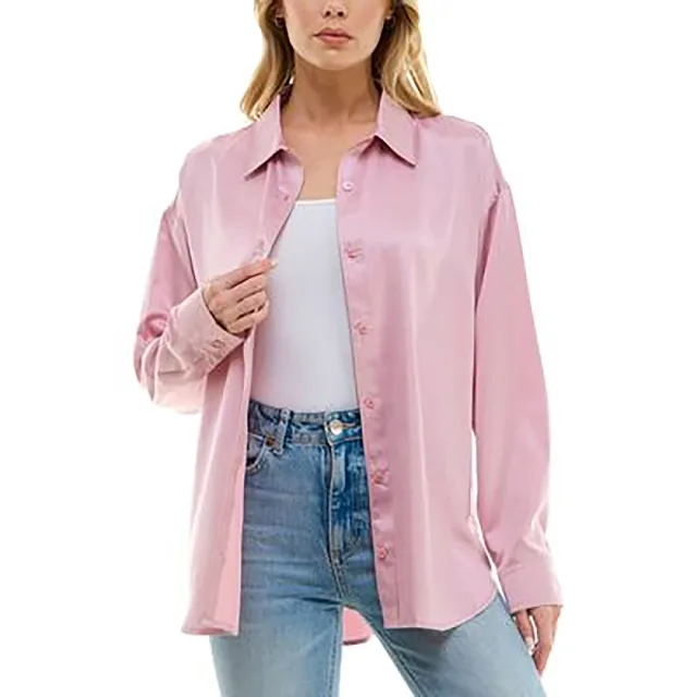 Juniors' Button-Front Satin Long-Sleeve Shirt