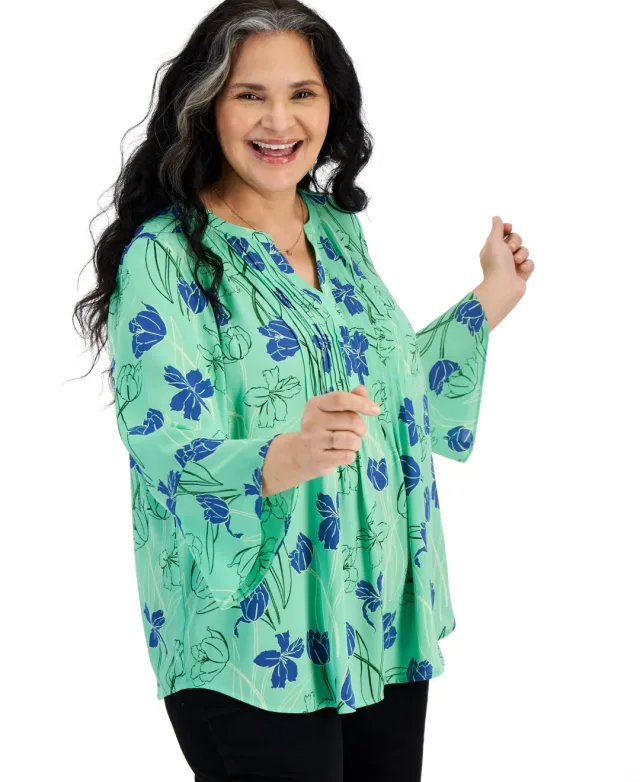 Plus Size Printed Pintuck Blouse