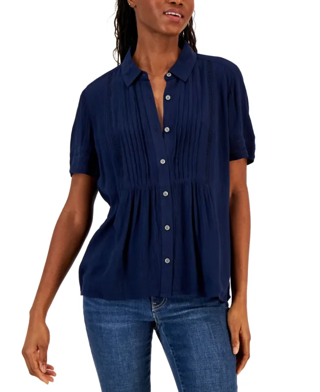 Petite Pintuck Short-Sleeve Button-Front Shirt