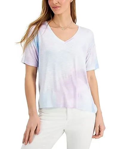Style & Co Tie Dyed Print Drapey V Neck T-Shirt