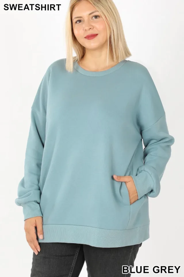 Round Crew Neck Plus Size Sweatshirt with Side Pockets