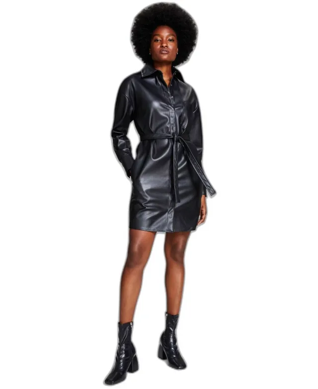 Women's Belted Faux-Leather Shirtdress Black XS