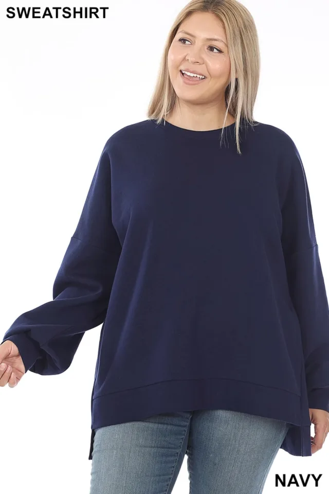 Crew Neck Hi-Low Pullover Loose Fit Sweatshirt with Side Pockets - Plus Size