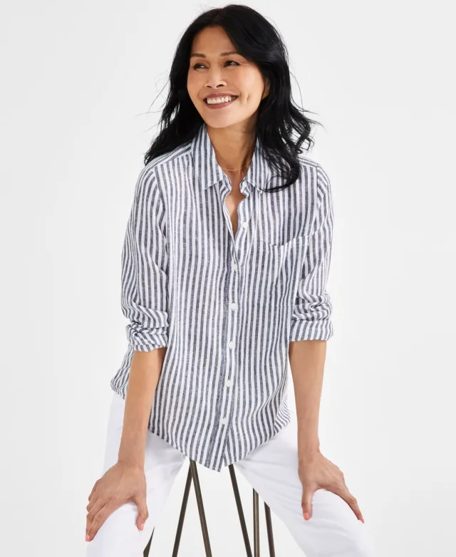 Petite Linen Blend Beach Stripe Perfect Shirt  Beach Stripe Blue PS