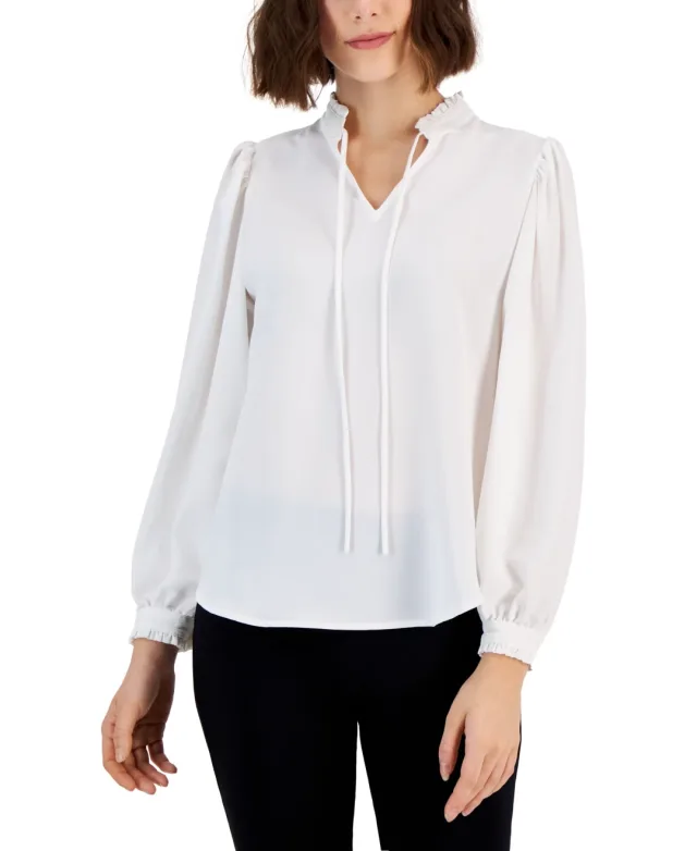 Alfani Womens Ruffled Tie Neck Solid Color Blouse