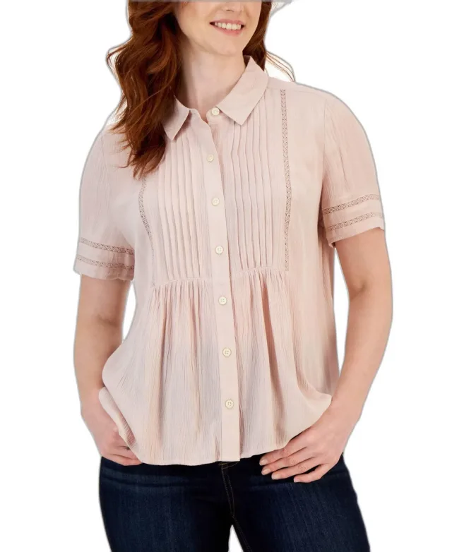 Women's Pintuck Short-Sleeve Button-Front Shirt Mocha Rose S