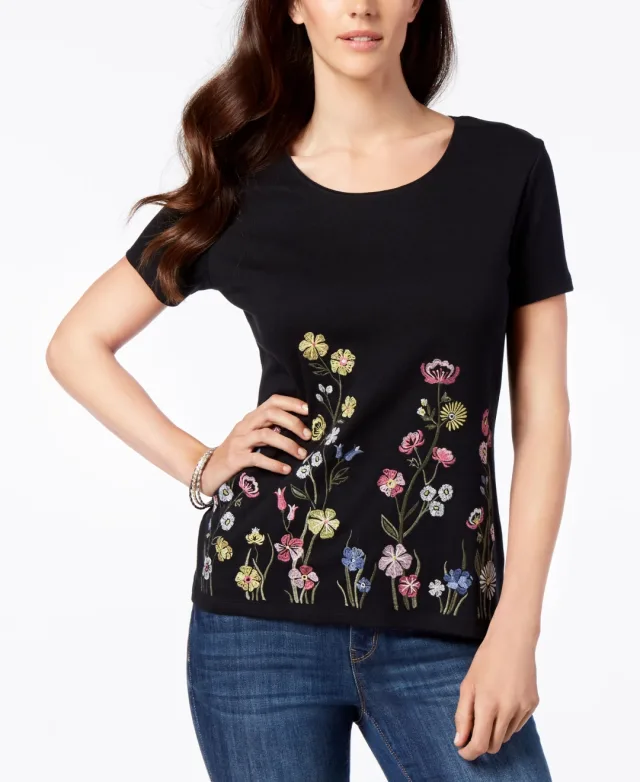 Karen Scott Embroidered Scoop Neck T-Shirt