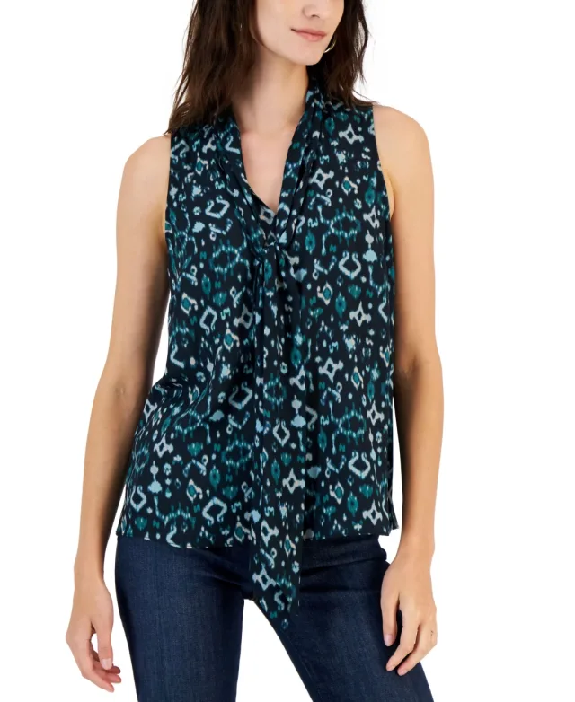 Women's Printed Tie-Neck Blouse