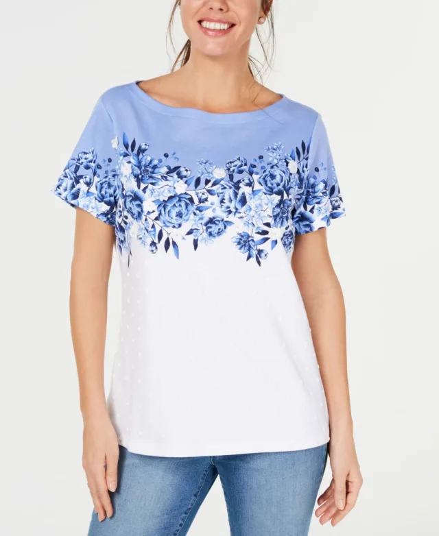Karen Scott Floral Print Applique Boat Neck T-Shirt