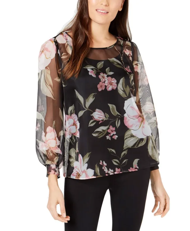 Printed Balloon-Sleeve Blouse