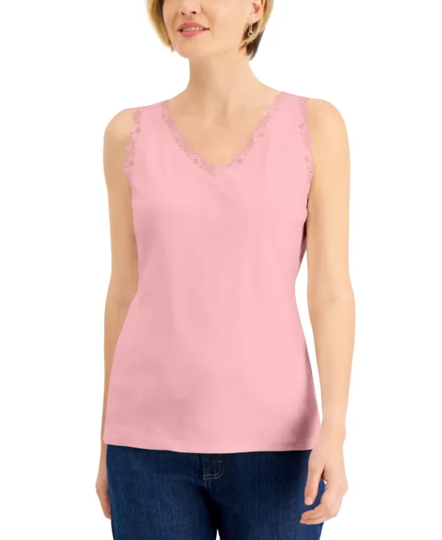 Karen Scott Petite Cotton Lace Trim Tank Top