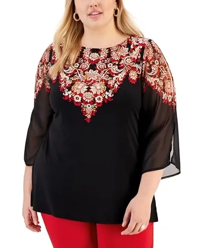 Plus Size Printed Split-Sleeve Tunic