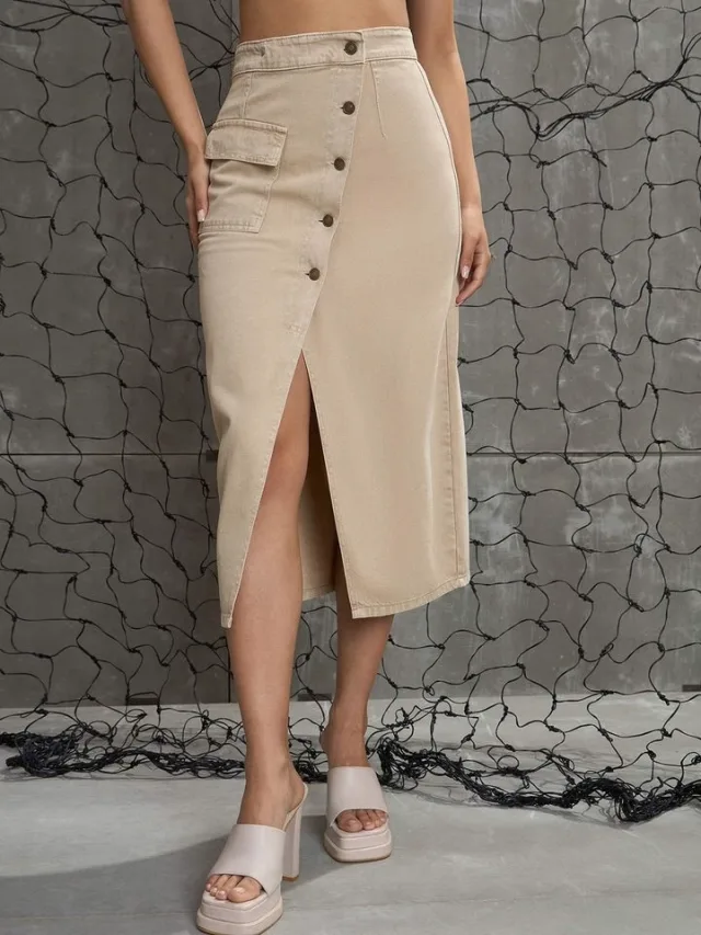 SASSAFRAS Front Button A-Line Midi Skirt